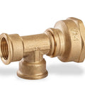 Side view of brass reducing coupling, 1/2 in female to 1 in female NPT pipe fitting