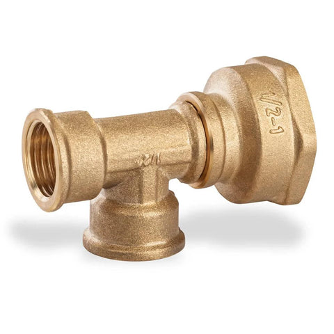 Side view of brass reducing coupling, 1/2 in female to 1 in female NPT pipe fitting