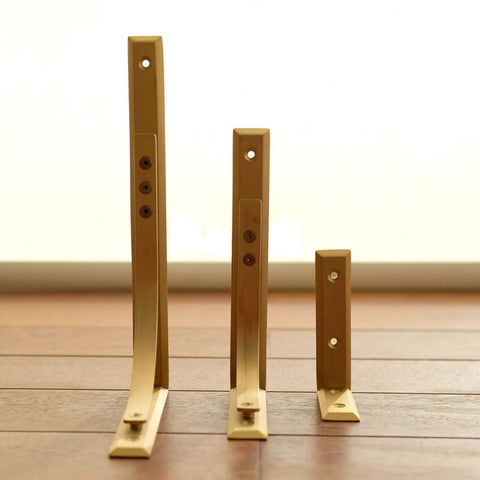Heavy Duty Shelf Brackets Wall Mount Kickass Brass Metal Supports in three sizes for sturdy floating shelves