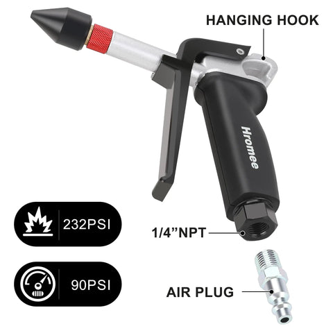 High Flow Air Blow Gun With Adjustable Trigger And One Eighth Inch Rubber Tip Set Delivers 70 CFM At 90 PSI 120 PSI Max Aluminum Pistol Grip Dusting Tool With One Quarter Inch NPT Fitting And One Half Inch Adapter For Compressor Use