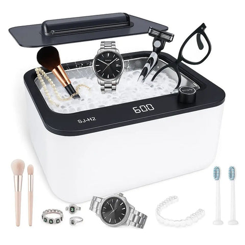 Hassle Free 45KHz Ultrasonic Jewelry Cleaner With Six Time Modes cleans rings, eyeglasses, watch straps, and dentures in 900ml stainless steel.