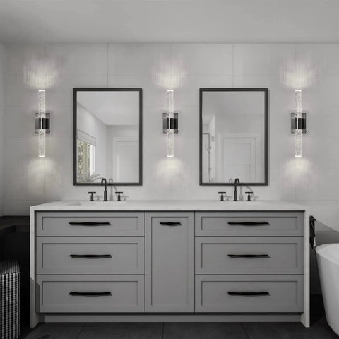 Modern LED Wall Sconce With Crystal Post 2700K 4000K 5000K Adjustable Color Temperature Brushed Nickel Vanity Light For Over Mirror Waterproof Bathroom Wall Lighting Stylish Glass Crystal Bath Fixture in bathroom setting.