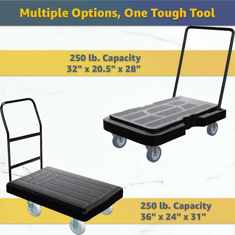 36 By 24 Inch Platform Truck Heavy Duty Plastic Utility Cart With Ergonomic Handle And 250 Lb Weight Rating Six Inch Swivel Casters With Wheel Brakes Built Like A Tank For Smooth Warehouse And Office Transport Jobs