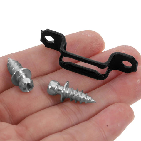 100 Piece Concealed Furniture Fasteners For Floating Shelves And Bookcases Featuring Cold Rolled Steel And Tough Plastic Clips shown in hand.