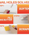 Instructions for using White Wood Filler Sticks 3 Pack Quick Dry Putty for nail holes with steps on softening, filling, and scraping.