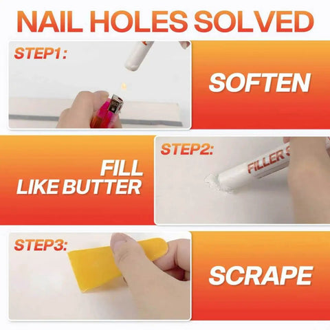 Instructions for using White Wood Filler Sticks 3 Pack Quick Dry Putty for nail holes with steps on softening, filling, and scraping.