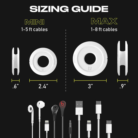 Mini And Max Earbud And Cable Winder Organizer 2 Pack Sizing Guide, Mini 1-5 ft, Max 1-8 ft, Black