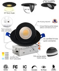Slick 12 Pack 4 Inch Black Gimbal Led Recessed Lights 5Cct Canless Downlights displaying adjustable tilt and rotation features.