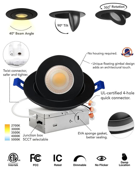 Slick 12 Pack 4 Inch Black Gimbal Led Recessed Lights 5Cct Canless Downlights displaying adjustable tilt and rotation features.