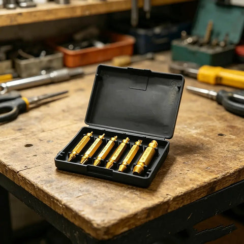 Six Piece Screw Extractor Drill Bit Set for Stripped and Broken Screws in open case on a workbench