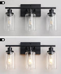 3 Light Black Vanity Light Fixture With Clear Glass Shades For Bathroom Mirror Living Room Bedroom Kitchen Hallway Dope Modern Minimalist Bath Lighting In Matte Black Finish And Farmhouse Vibe on and off views