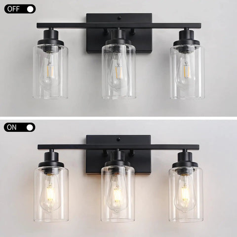 3 Light Black Vanity Light Fixture With Clear Glass Shades For Bathroom Mirror Living Room Bedroom Kitchen Hallway Dope Modern Minimalist Bath Lighting In Matte Black Finish And Farmhouse Vibe on and off views