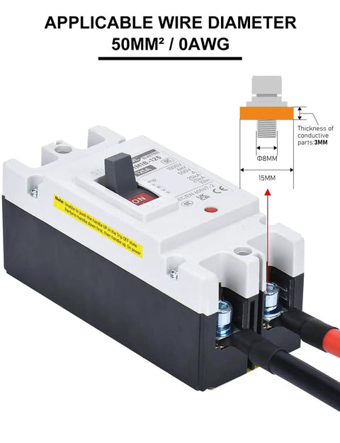 Heavy Duty 125 Amp DC Circuit Breaker And Battery Disconnect Switch For Solar Systems And UPS featuring wire connection ports and switch controls.