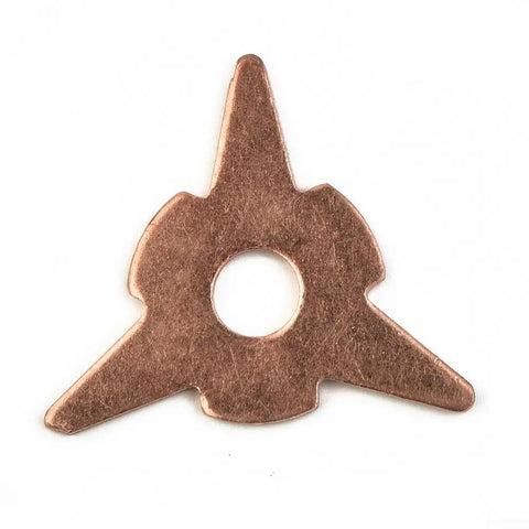 Star-shaped copper pad from Copper Plated Welding Washer Pads Set For Auto Sheet Metal, 50 Mixed Pads In Triangular And Star Shapes.