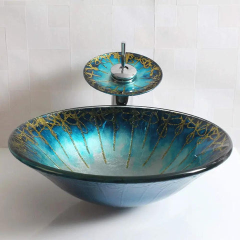 USZWBY Gradient Color Artistic Vessel Sink Bowl-Shaped Tempered Glass Above Counter Bathroom Washing Basin Combo with Waterfall Faucet, Modern Lavatory Bowl, 17.71", Gold, showcasing blue and gold design.