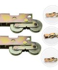 One And One Quarter Inch Steel Ball Wheel Bearings For Sliding Doors And Cabinets Smooth Low Noise Door Pulley Hardware Durable Door Roller For Cabinets Windows Closets Ideal For Sliding Cabinet And Window Applications, shown with two metal rollers side by side, detailed view.