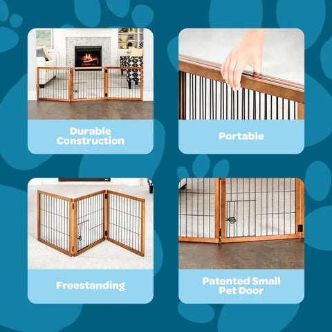 22 To 62 Inch Super Wide Dog Gate With Small Pet Door, Premium Wooden Three Panel Freestanding Gate, various features shown