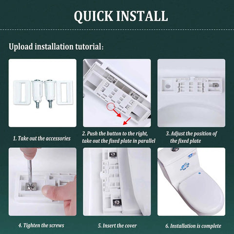Installation guide for Heavy Duty Square Toilet Seat With Quiet Soft Close Hinges In Classic White, featuring step-by-step images.