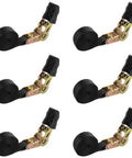 Heavy Duty Ratchet Tie Down Straps Six Pack One Inch Wide By Six Feet Long Black Polyester Cargo Hauling And Motorcycle Tie Downs With Tough As Nails Hardware displayed in a row, close-up of black straps and ratchets.