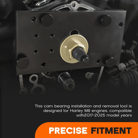 Harley M8 cam bearing tool front view: black mounting plate with gold central collar and protruding black shaft
