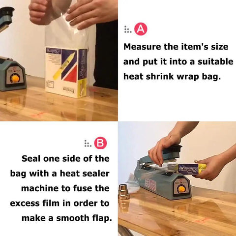 Using Top Tier Heat Shrink Wrap Bags Bundle with heat sealer to prepare items for sealing and packaging.