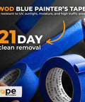 Hands holding and peeling Blue Painter's Tape Pro Grade 2 Inch By 60 Yard Masking Tape For Safe Wall Painting And Edge Finishing.