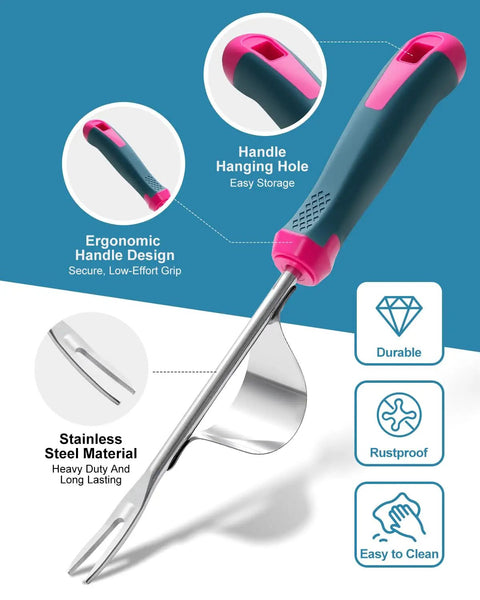 Stainless Steel Weed Puller Tool With Leverage Base And V Shaped Forks For Deep Root Removal And Easy Weeding Ergonomic Soft Grip Hand Weeder For Garden And Lawn with ergonomic handle and rustproof features.