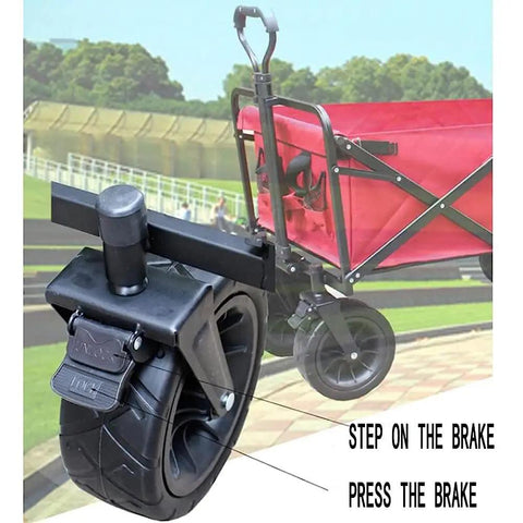 Folding Wagon Cart With Removable Canopy And 4 Wheels, close-up of brake mechanism and push pull handle, in outdoor setting