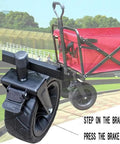 Close-up of brake mechanism on Workhorse Folding Wagon Cart With Removable Canopy, Four Wheel Push Pull Hand Cart, red