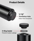 Universal Aluminum Coolant Overflow Tank And Radiator Expansion Bottle 800ML Matte Black showing ventilation hole and O-ring gasket details.