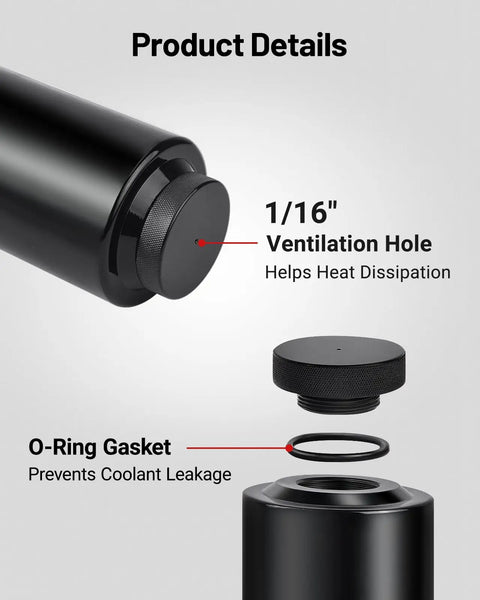 Universal Aluminum Coolant Overflow Tank And Radiator Expansion Bottle 800ML Matte Black showing ventilation hole and O-ring gasket details.