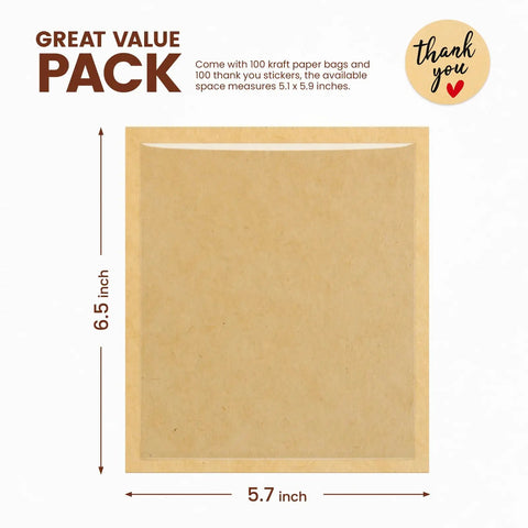 100 Pack Heat Sealable Cookie Bags With Window Grease Resistant. Brown bag with window dimensions: 5.7 x 6.5 inches for treats.