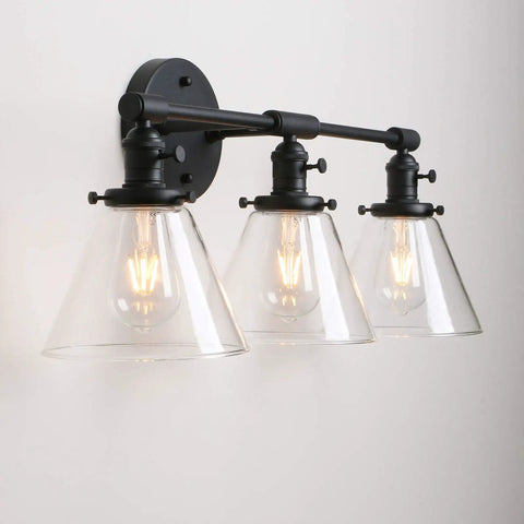 Three Light Dope Vintage Industrial Wall Sconce With Funnel Flared Clear Glass Shade In Black Finish E26 Base Bulb Not Included