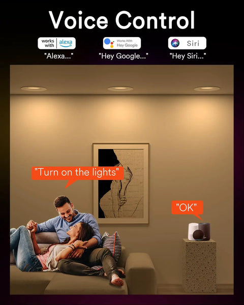 Living room scene with 4 Pack Smart LED Recessed Lighting 5 To 6 Inch RGB Color Changing WiFi Can Lights controlling via voice assistants.