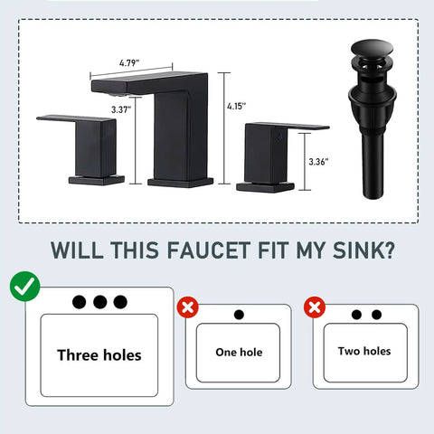 Black 8 Inch Widespread Bathroom Faucet With Two Handles Slick Matte Black Modern RV Lavatory Vanity Faucet 3 Hole Sink Faucet With Pop Up Drain And Water Supply Lines Included Durable Brass Construction, dimensions shown with suitable sink types