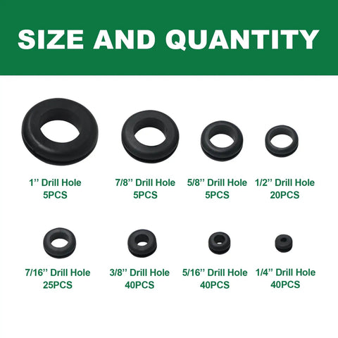 180 Piece Rubber Grommet Set for Wiring, 8 Size Assortment From One Quarter Inch to One Inch, includes 8 sizes, displayed on white.
