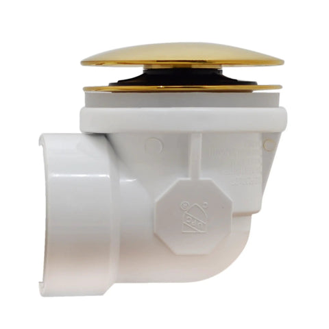 Slick Sch 40 Pvc Bathtub Waste Assembly With Illusion Overflow Plate And Tip Toe Drain Plug Polished Brass Finish side view of drain fitting