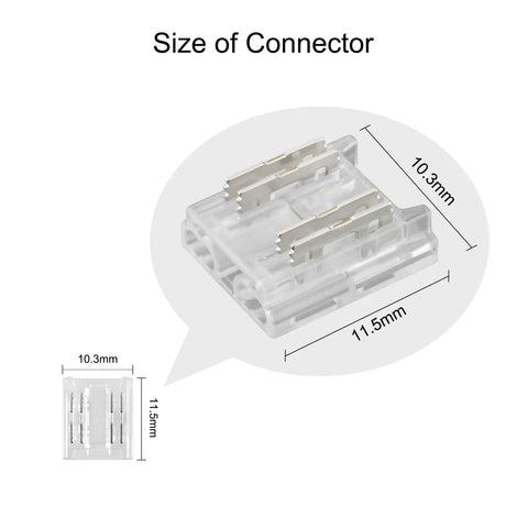 10 Pack 4 Pin Transparent COB Connectors For RGB LED Strips Solderless Connection with dimensions labeled 10.3mm x 11.5mm