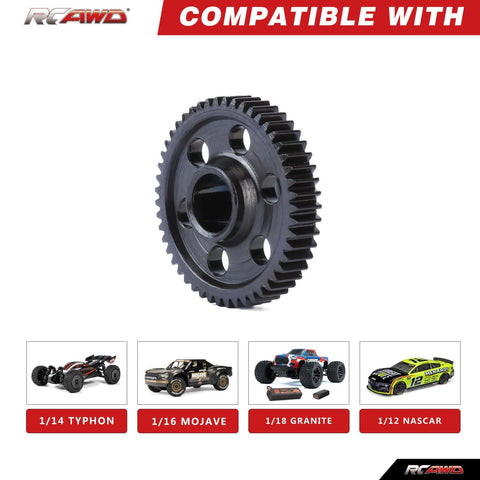 49T 0.5 Mod CNC Spur Gear Upgrade For Typhon Granite Mojave And Losi RC Cars, compatible models shown, beefed up strength for scales