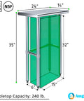 Real Deal Heavy Duty Stainless Steel Work Table With Spacious Open Base Clearance NSF Approved Utility Bench Garage And Laundry 24 Inch By 14 Inch Built Different For Serious Home Projects dimensions showing 24-by-14-inch top and 35-inch height.