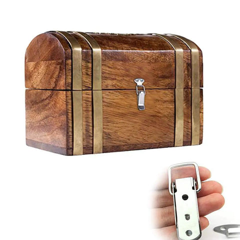 12Pcs Stainless Steel Spring Loaded Toggle Latches with 48Pcs Mounting Screws 72mm shown attached to a wooden chest
