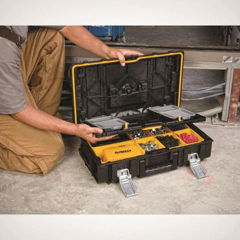 Tough System Tool Storage Organizer With Clear Polycarbonate Lid, Beefy Build, Foam Walls displayed open on concrete floor