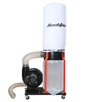 Heavy Duty Shop Dust Collector 1-1/2 Hp Dual Voltage Motor Powers 1100 Cfm Sawdust Hog Action with clear collection bag and filter.