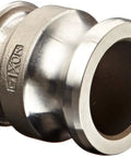 Stainless Steel 316 Cam And Groove Transition Sanitary Hose Fitting Built Tough One And A Half Inch Plug To Clamp End Angle View