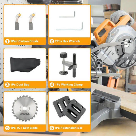 Accessories for Eight And A Quarter Inch Sliding Miter Saw With Laser Guide including carbon brush, hex wrench, TCT saw blade.
