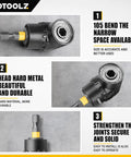 All In One 14 Piece Impact Socket Adapter Kit With Quick Release Magnetic Drill Bit Extensions close-up, black metal adapter with 105 degree attachment.