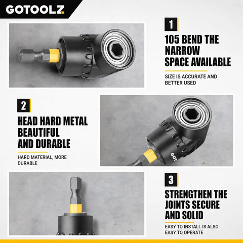 All In One 14 Piece Impact Socket Adapter Kit With Quick Release Magnetic Drill Bit Extensions close-up, black metal adapter with 105 degree attachment.