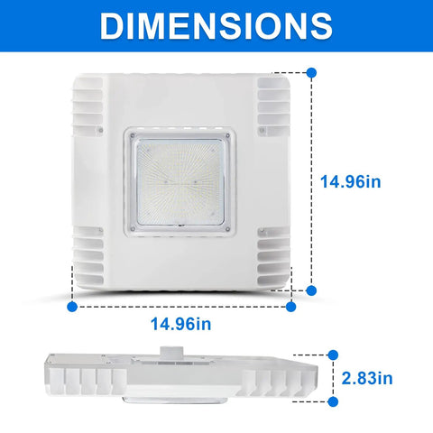 Dimensions of Super Bright 150W LED Canopy Light For Gas Stations And Carports, front and side view with measurements.