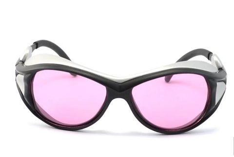Rock Solid 808nm Infrared Laser Safety Glasses With Tough As Nails Protective Eyewear For Diode Lasers front view with pink lenses.