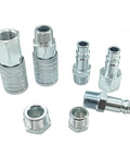 Seven Piece One Half Inch NPT Air Coupler Plug Set For Air Compressors And Hoses With Quick Connect Fittings, Zinc Plated beefy durability set